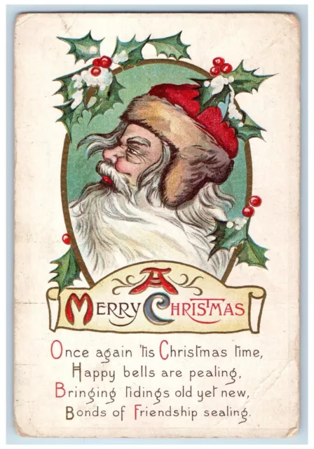 c1910's Merry Christmas Santa Claus Holly Berries Embossed Antique Postcard