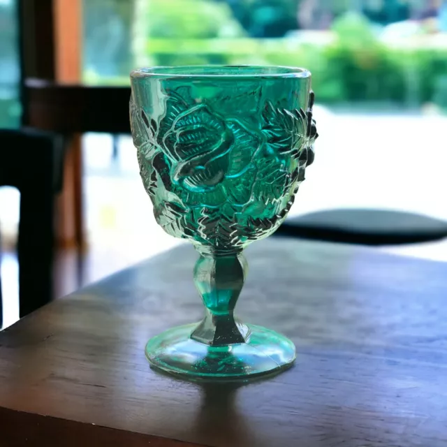 Madonna Inn Wild Rose Glass Goblet Cup Dark Teal - Rare - Wine Water - 5" Tall