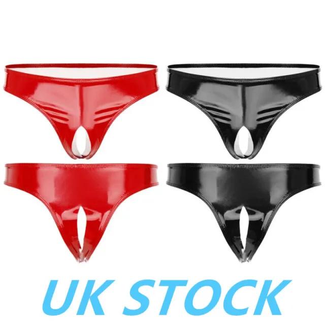 UK Mens Patent Leather Briefs Open Crotch G-String Thong Hollow Out Underwear