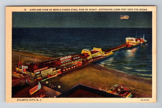 Atlantic City NJ-New Jersey, Aerial View Steel Pier at Night, Vintage Postcard