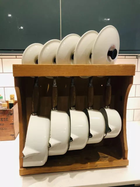Set X 5 Le Creuset Bianche Pentole In Ghisa Supporto Legno Francia 14 -22 Ar63