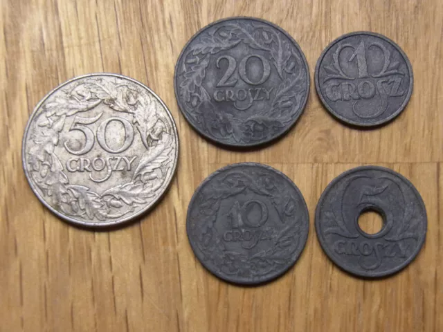 5 Münzen Polen. Besatzungsgeld.1+5 Gr. 1939, 50 Gr. 1938, 10+20 Gr.1923.SELTEN !