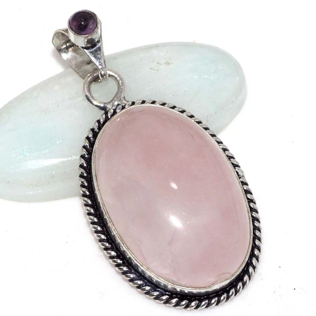 925 Silver Plated-Rose Quartz Amethyst Ethnic Gemstone Pendant Jewelry 1.7" JW