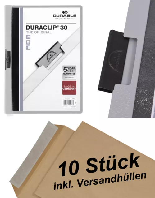 10 Durable Carpeta de Grapas Duraclip 30 ,Lámina Rígida, Hasta 30 Hoja Gris +