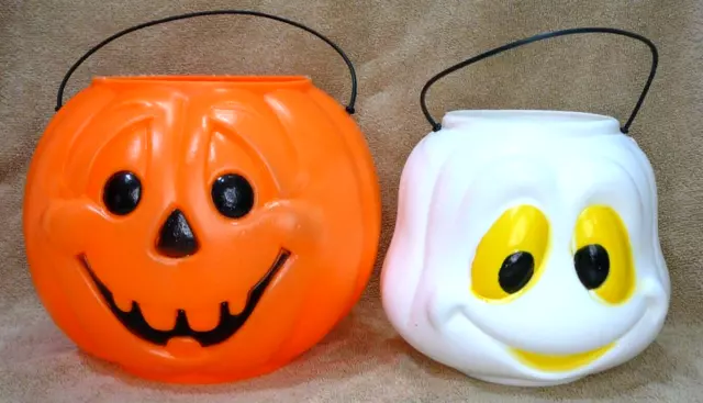 Vintage General Foam Blow Mold Pumpkin Ghost Halloween Candy Treat Bucket Lot 2