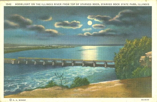Starved Rock State Park, IL Illinois River under the Moonlight  1944