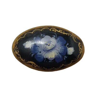 Vintage Russian Hand Painted Oval Wooden Pin Brooch Floral Enamel  Lacquer Print