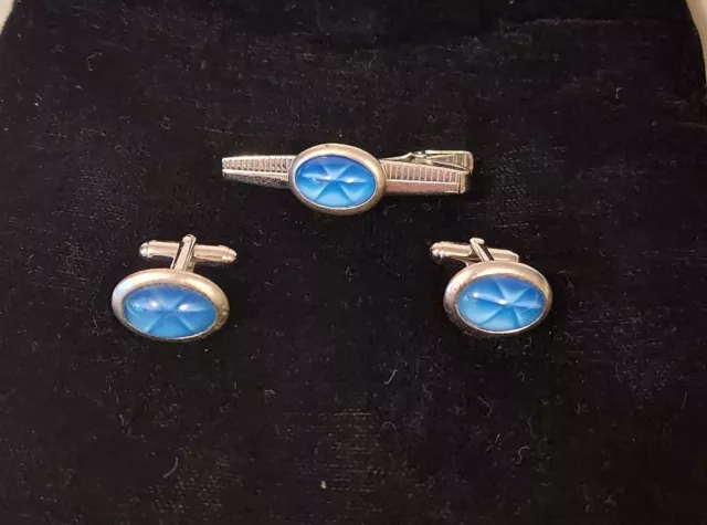 Vintage Anson Men's Tie Bar Clip And Cufflinks Silvertone Blue Cabochon