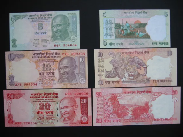 INDIA  5 + 10 + 20 Rupees 2010  (P94A-P96)  UNC