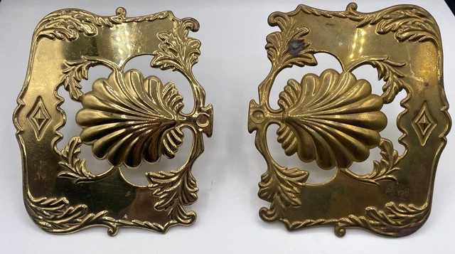 Vtg Set of 2 LARGE Brass Floral Curtain Rod Brackets, Drapery Rod Holder Tieback