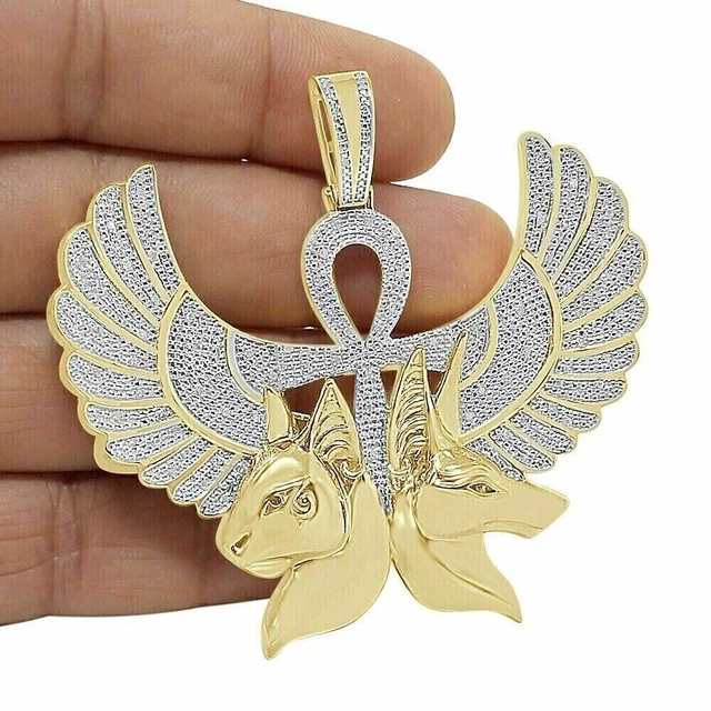 2.20Ct Round Cut Moissanite Twins Anubis Horus Pendentif Plaqué Or Jaune 14K