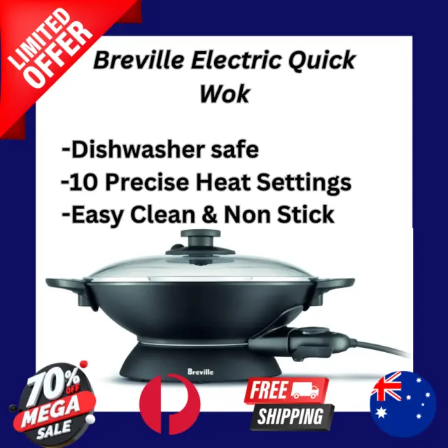 Breville The Quick Wok 5 Litre Compact Size Wok Non Stick 2200W Glass Lid Black