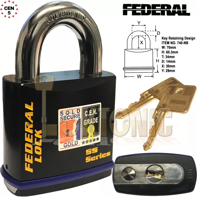 Federal FD740 Sold Secure Gold CEN 5 Super Heavy Duty 70mm Solid Steel Padlock