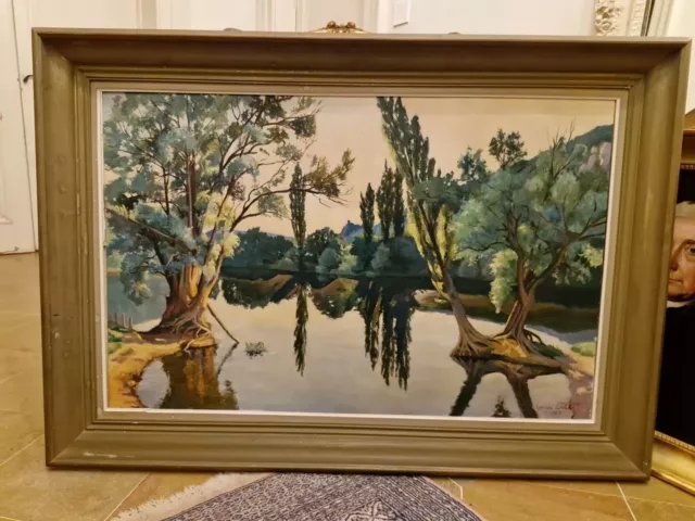 Grande Peinture Huile Sur toile, Paysage Rivière Signée