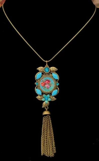 Michal Negrin Necklace Turquoise Crystals Beads Roses Cameo Pendant Victorian