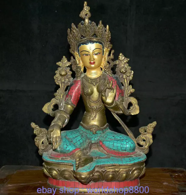 14"Tibet Tibetanischer Buddhismus Türkis Bronze Grüne Tara Göttin Buddha Statue