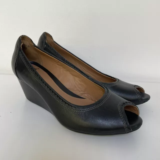 Clarks Leather Wedge Heel Court Shoes Black Peep Toe Size 3 36 D