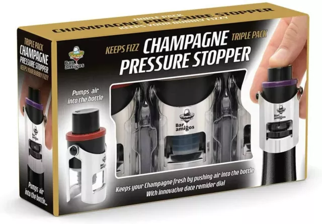 CHAMPAGNE PRESSURE STOPPERS Triple Pack Bottle Savers Metal Vacuum Sealers Bungs