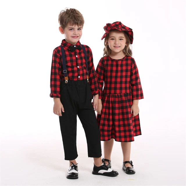 Kids Baby Boys Girls Clothes Christmas Plaid Matching Outfits Party Fancy Dress