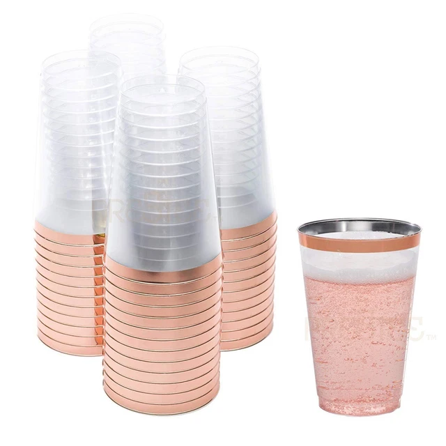 Tazas de plástico con borde de oro rosa Prestee de 50 unidades 14 oz | rígidas transparentes desechables...