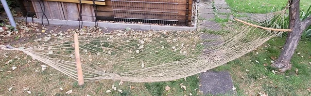 Vecchia corda rete amaca lunga oltre 2 m legno pieghevole eventualmente Wehrmacht? SECONDA GUERRA MONDIALE?