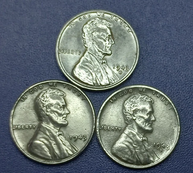 1943 P D S  LOW GRADE SET of 3  Steel/Zinc  Cents ACTUAL COINS, NO RESERVE 3655
