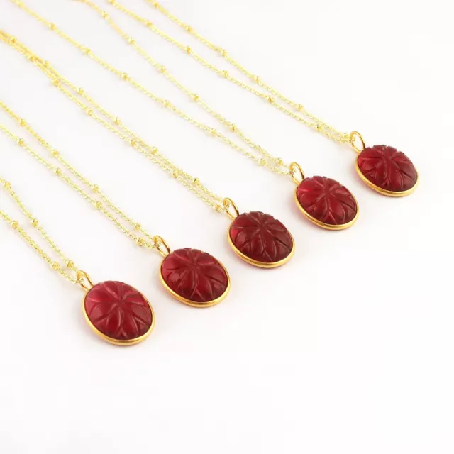 Carving Gemstone Red Garnet Gold Plated Handmade Bezel Pendant Chain Necklace 3