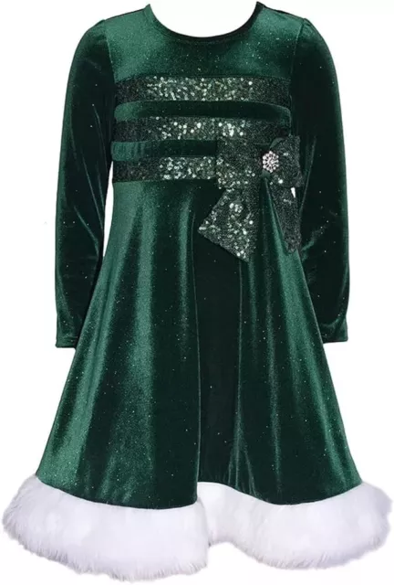 Bonnie Jean 4-16 Girls Christmas Holiday Santa Green Velvet Sparkle Bow dress