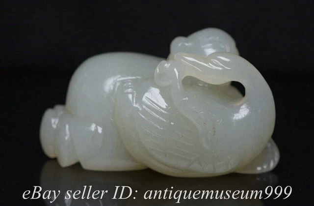 2" Rare Chinese Natural Hetian White Jade Carving Tong Zi Goose Boy Statue