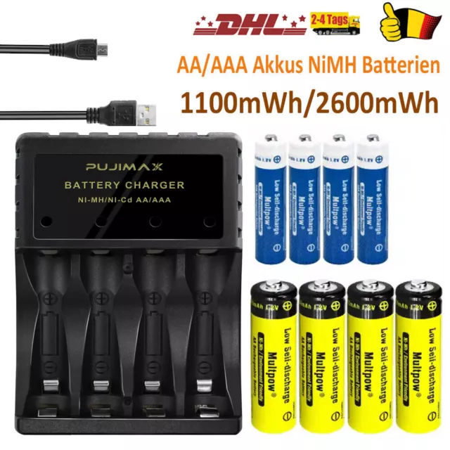 4X AA/AAA NiMH Akku 1.2V 2600mWh Wiederaufladbare Mit Akkus Batterien Ladegerät