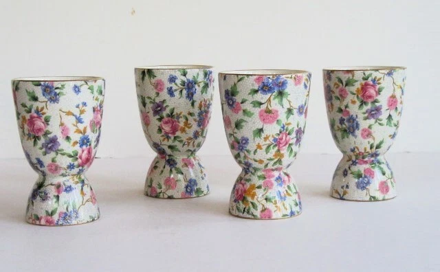 (4) Winton Grimwades Old Cottage Chintz (Pre 1960, Cream) 4" Double Egg Cups-A
