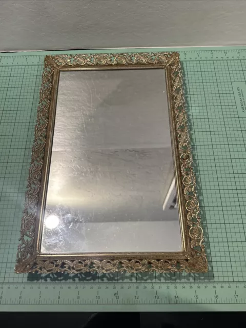 Vintage Metal Rectangle Ornate Framed Tabletop Mirror Vanity Tray BS3