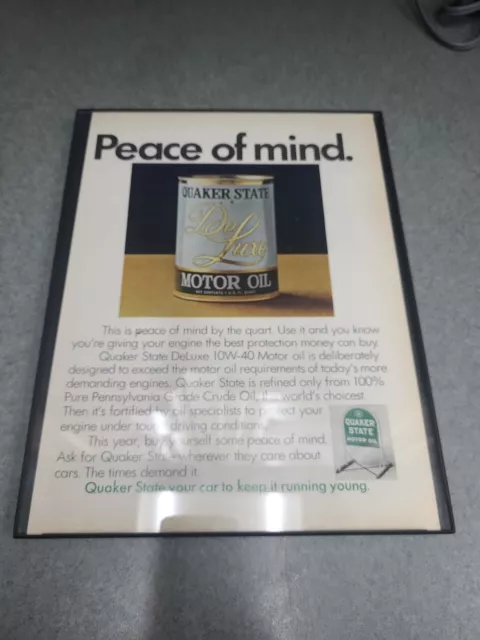 1972 Vintage Print Ad Quaker State Deluxe Motor Oil Peace of Mind Framed 8.5x11 2