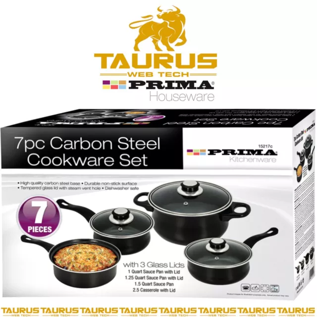 7x PC CARBON STEEL BLACK Cookware Set NON-STICK Saucepan Pot KITCHEN UK FREE P&P