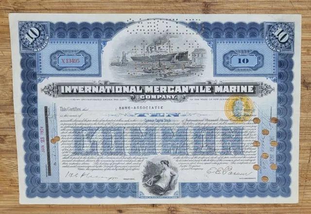 Stock Certificate International Mercantile Marine Blue 10 Shares Built Titanic