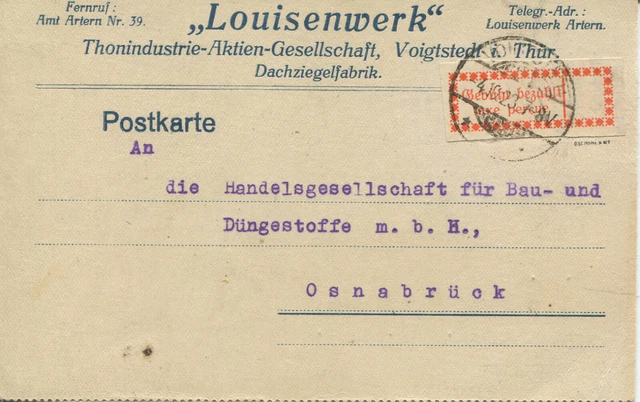 Gebührenzettel OPD Halle 1 I e auf Brief Voigtstedt - Osnabrück INFLA (B10913) Gebührenzettel OPD Halle 1 I e auf Brief Voigtstedt - Osnabrück INFLA (B10913)