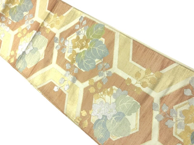 10915# Japanese Kimono / Antique Fukuro Obi / Woven Kikko & Paulownia