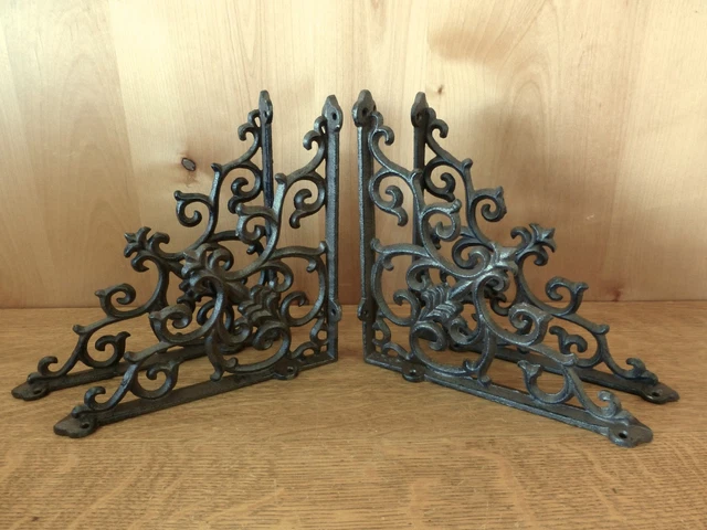 4 BROWN ANTIQUE-STYLE 9.5" SHELF BRACKETS CAST IRON rustic garden FANCY ORNATE
