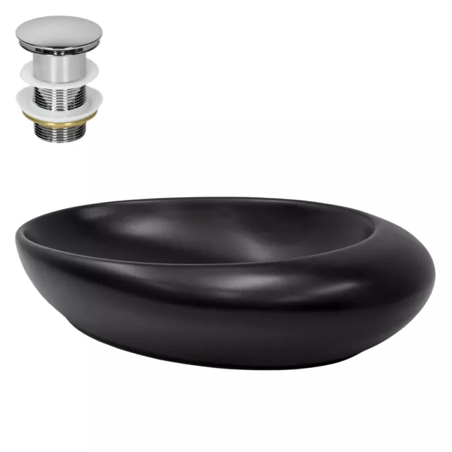 Lavabo negro mate cerámico 585x375x145 mm moderno ovalado con juego de desagüe