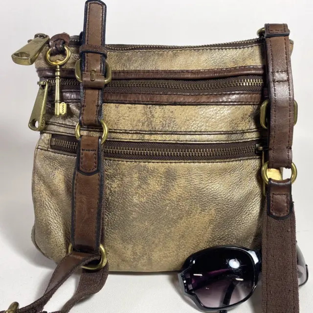 FOSSIL Explorer "Antiqued" Gold Leather Crossbody