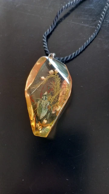 Collier Pendentif Insecte Sous Résine Argenté - Bijou Vintage Unisexe, Référence 5210