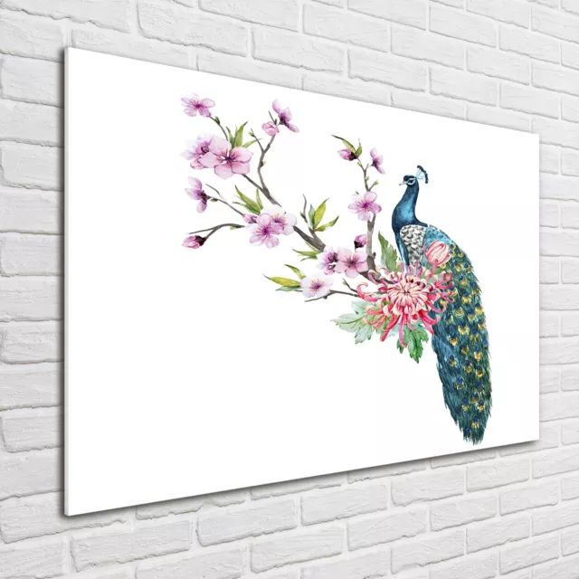 Wandbild aus Plexiglas® Druck auf Acryl 100x70 Tiere Pfau und Blumen