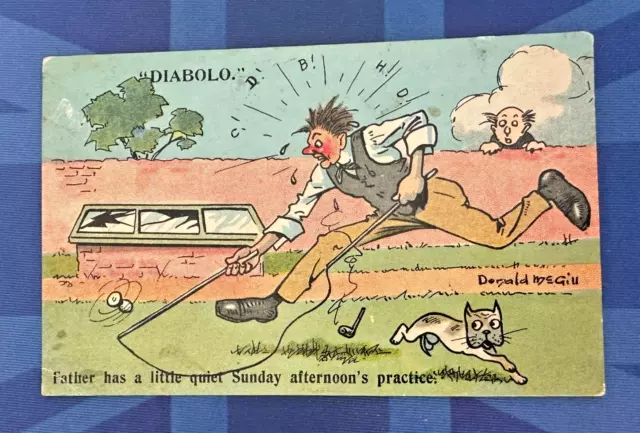 E S London Donald McGill Comic Postcard 1900s DIABOLO Sunday Practice Cat