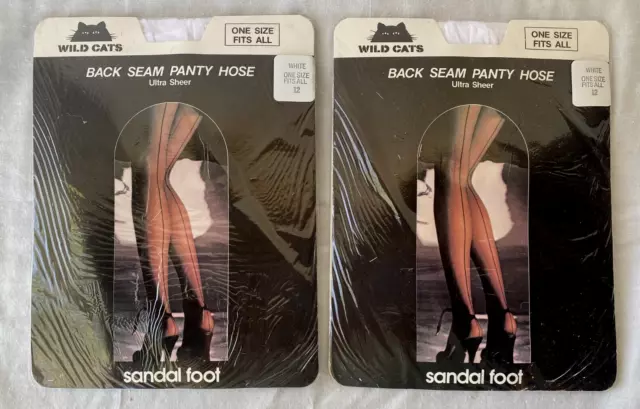 Vtg..2 Pr..wild Cats..back Seam..ultra Sheer..pantyhose..white..one Size