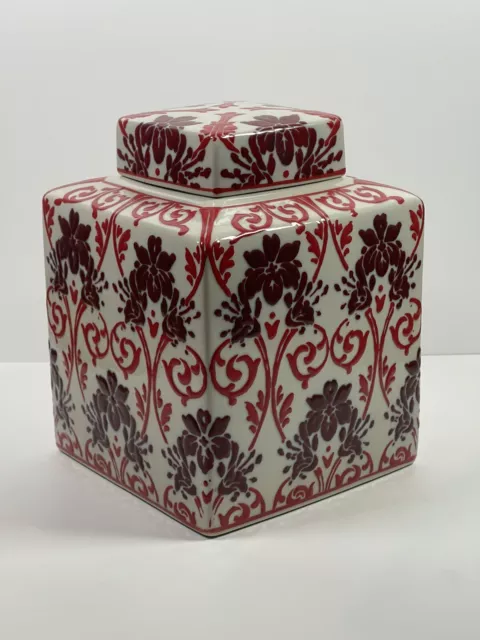 Chinese Porcelain Square Ginger Jar With Lid 21cm Red & Purple Floral Design