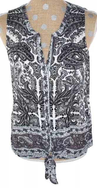 LUCKY BRAND Gray Paisley Print Sleeveless Blouse Top Front Ties Button Up MEDIUM