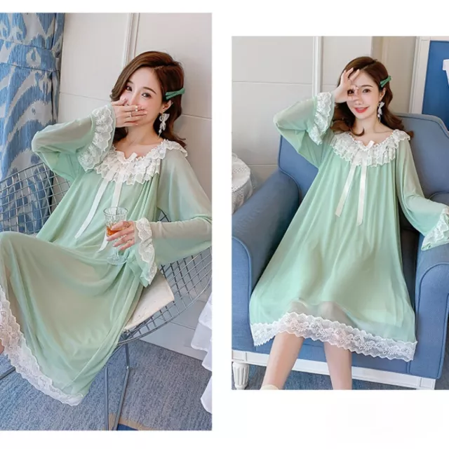 Women Lolita Nightdress Ruffle Lace Mesh Princess Sleepwear Retro Nightgown