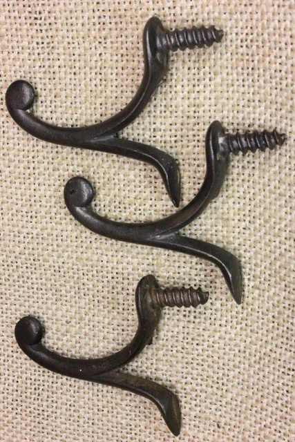 3 Old Single Coat Hooks School Farmhouse Clean Cast Iron Vintage 1850’s Screw in 2