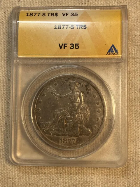 1877 S TRADE DOLLAR ANACS CERTIFIED VF35 San Francisco Crusty Scarce Silver Coin