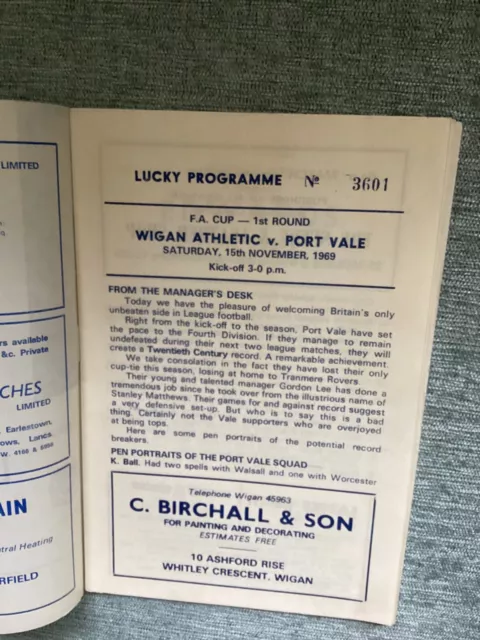 Wigan Athletic v Port Vale (F A Cup 1st Round) 15/11/1969